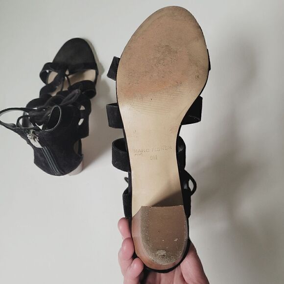 Marc Fisher Paradox Suede Block Heel Lace Up Sandals in Black Size 9 - Picture 5 of 9